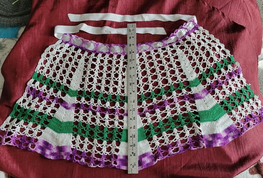 Vintage Handmade Crochet Half Apron Purple Green Farmhouse Ribbon Waist